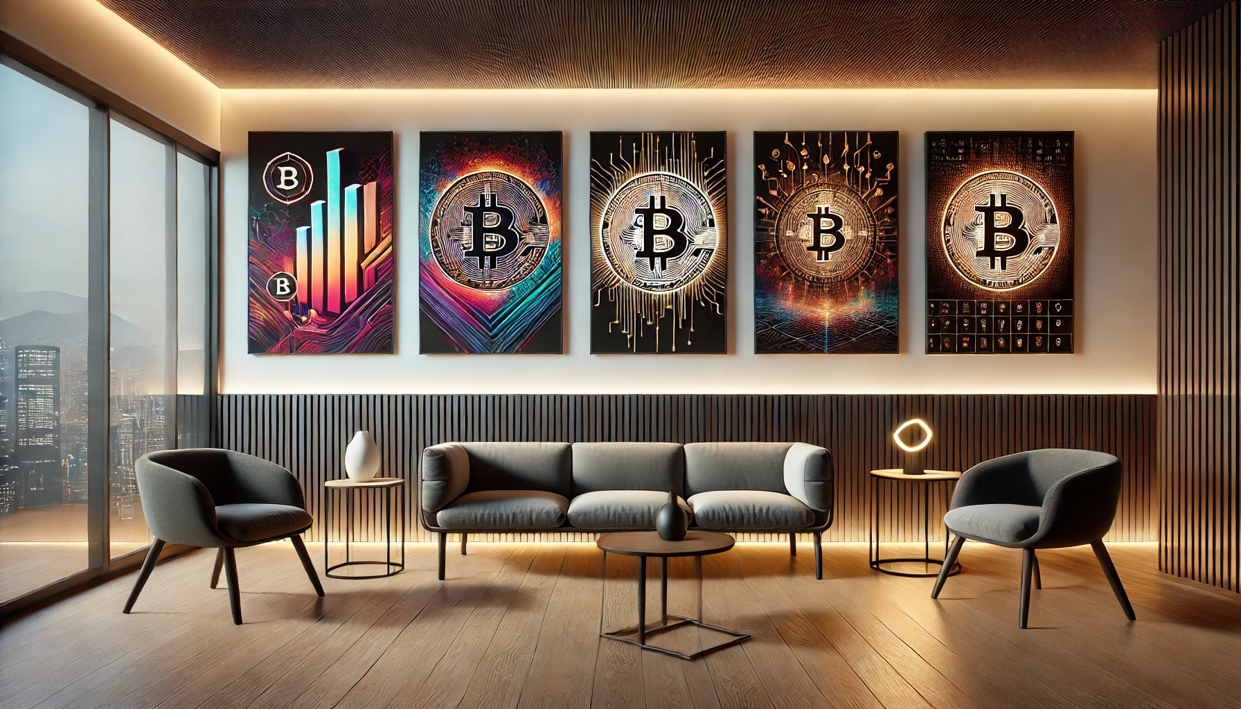 DALL·E 2024 08 24 21.01.02 A clean and aesthetic room displaying crypto art. The room should have modern minimalist decor with sleek furniture and a focus on the digital art pi